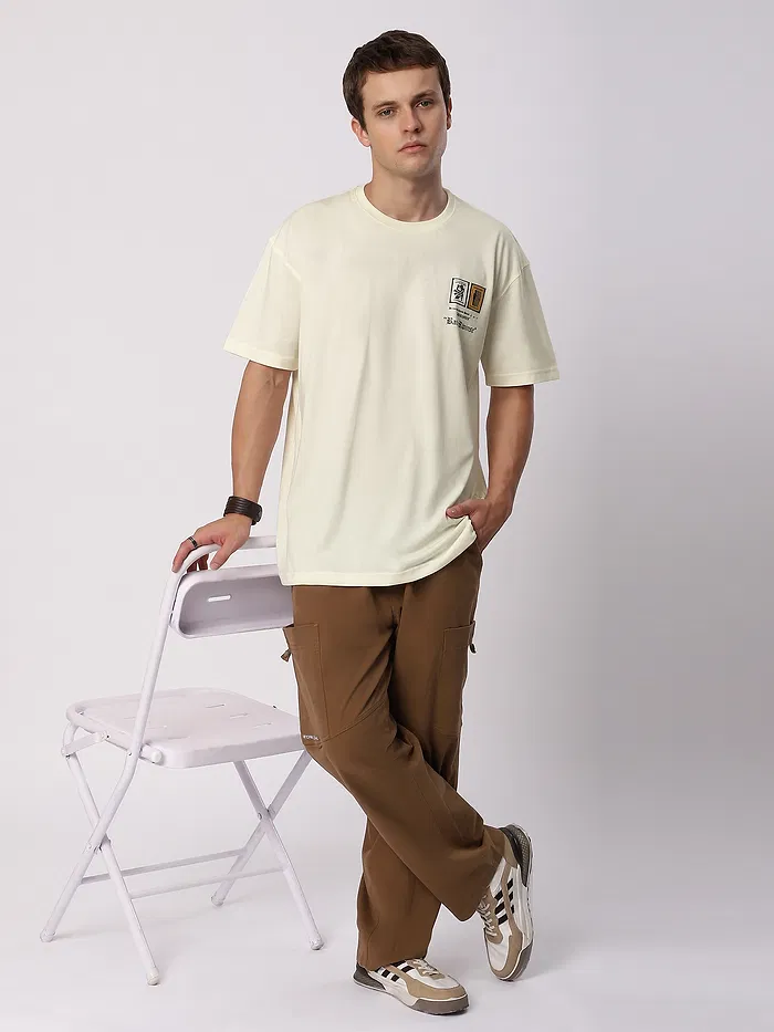 Cream Stamps Printed Oversized T-Shirt